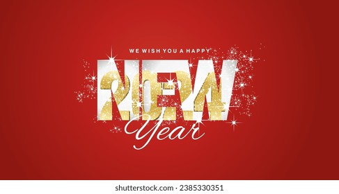 Feliz Año Nuevo 2024. 2024 es dentro de letras NUEVO como reflejo de espejo con brillante fuego de fuego dorado plata blanca sobre fondo rojo abstracto