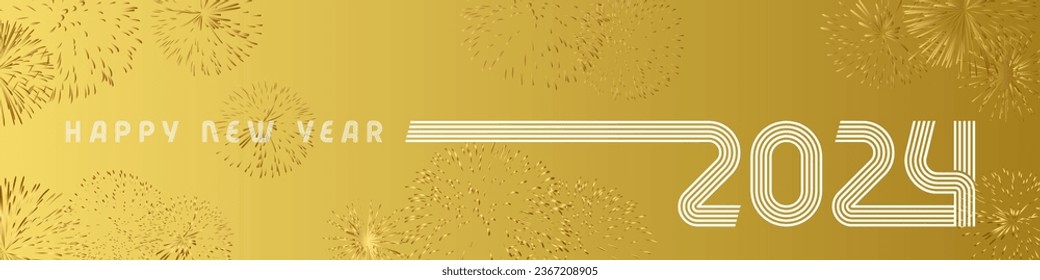 Happy New Year 2024 Internet banner design. Horizontal web icon. Holiday backround with golden elements. 20 24 creative isolated number logo. Modern typography. Online shopping button. Invitation idea