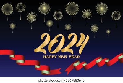Happy new year 2024 invitation template with fireworks sky, ribbons, golden fonts and text, Ideal for new year promotions, invitations, and decorations, vector art in new year invitation, banner
