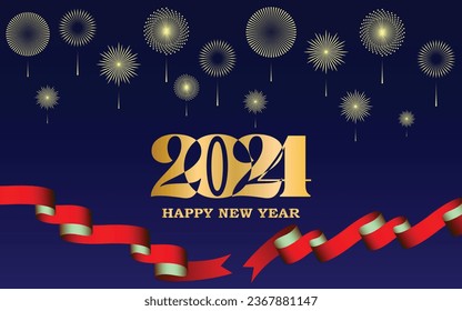 Happy new year 2024 invitation template with fireworks sky, ribbons, golden fonts and text, Ideal for new year promotions, invitations, and decorations, vector art in new year invitation, banner