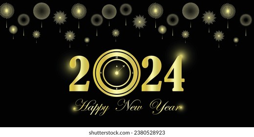 Happy new year 2024 invitation or promotion template with clock, fireworks, luxurious shiny golden template for new year 2024 celebration, vector art illustration