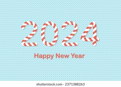 Happy new year 2024 knitted background with numbers in candy cane shape