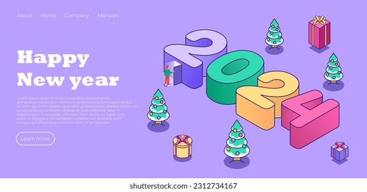 Happy New Year 2024 landing page. Christmas tree in cute minimalistic style. Creative concept for banner, flyer, cover, social media, design web page. Vector illustration concept