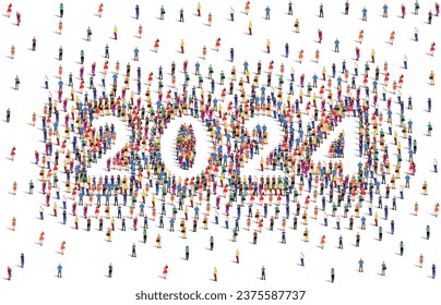 Happy New Year 2024. A Large group of people form to create 2024. Vector illustration.