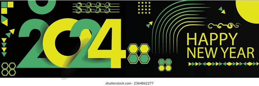 happy new year 2024 Latest Vector illustration text design with modern calligraphy and dark background style. Creative clean energy colorful vegan green yellow lines Greeting card banner for 2024 