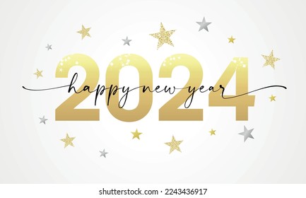 Happy New Year 2024 lettering script and golden glitter of stars. Luxury design template of number 2024. New year symbols 2024. Creative vector digits isolated on white background