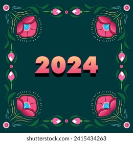 Happy New Year 2024 lettering design. With colorful rickshaw painting illustrations in the background.