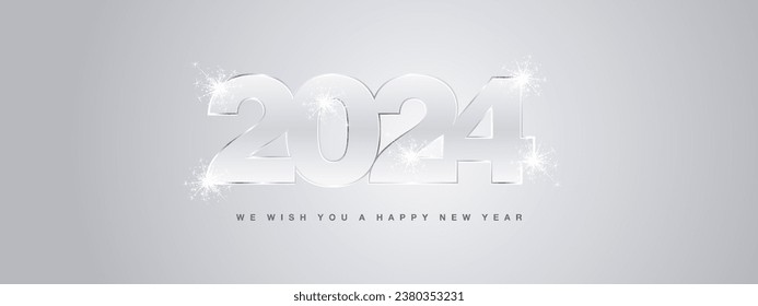 Feliz Año Nuevo 2024 planilla de diseño de tarjetas de felicitación de metal plateado ligero. Concepto de Año Nuevo 2023 con fuegos artificiales en fondo de metal brillante