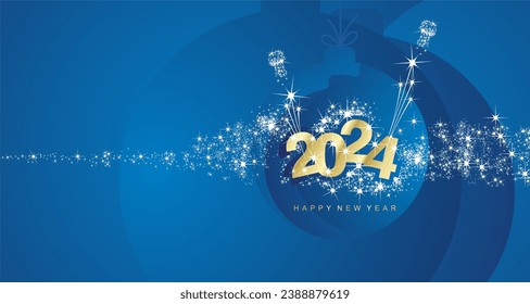 Happy New Year 2024 light stars sparkle firework gold blue Christmas ball landscape greeting card