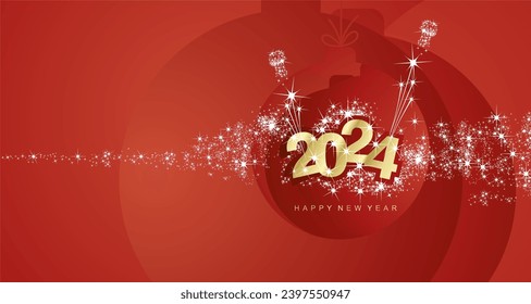 Feliz Año Nuevo 2024 estrellas ligeras encendidas fuegos artificiales oro rojo bola de Navidad paisaje tarjeta de saludo