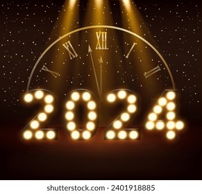 Happy  New Year 2024  light bulb Design with clock countdown background. 