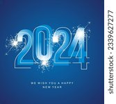 Happy New Year 2024 line and bold light blue neon shining typography with sparkle firework on blue isolated background icon logo