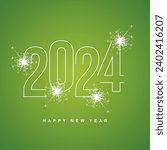 Happy New Year 2024 line neon light white shining typography with sparkle firework on lucky green isolated background icon logo