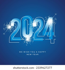 Happy New Year 2024 line and bold light blue neon shining typography with sparkle firework on blue isolated background icon logo