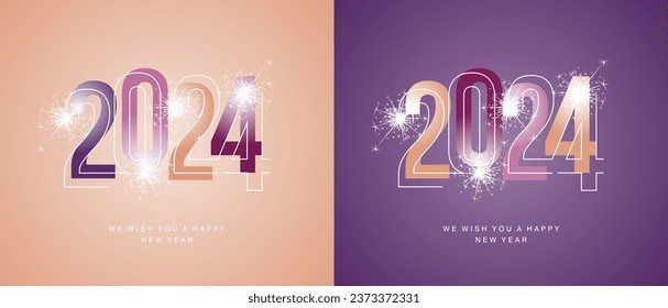 Happy New Year 2024 line and bold light trendy colors shining typography with sparkle firework on 2024 color isolated background icon logo