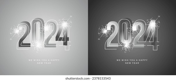 Happy New Year 2024 line and bold light black grey colors shining typography with sparkle firework on 2024 black grey isolated background icon logo