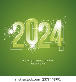 Feliz Año Nuevo 2024 línea y tipografía brillante verde claro y audaz con fuegos artificiales brillantes en el afortunado logo de fondo aislado verde