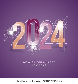 Happy New Year 2024 line and bold light purple violet coral colors shining typography with sparkle firework on purple isolated background icon logo