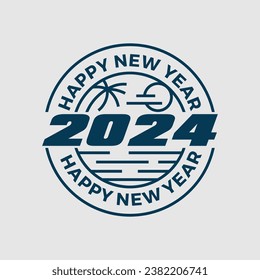 happy new year 2024 line art with beach vector illustration