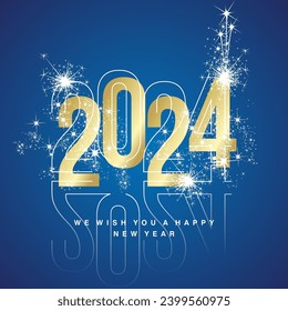 Happy New Year 2024 line and bold light white golden shining typography with sparkle firework with glass numbers shadow on blue isolated background icon logo