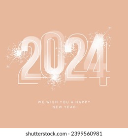 Happy New Year 2024 line and bold light peach shining typography with sparkle firework on peach color of the year 2024 isolated background icon logo