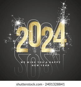 Happy New Year 2024 line and bold light white golden shining typography with sparkle firework with glass numbers shadow on black isolated background icon logo