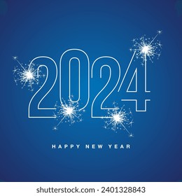 Happy New Year 2024 line neon light white shining typography with sparkle firework on blue isolated background icon logo