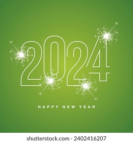 Feliz Año Nuevo 2024 línea tipografía brillante de neón blanco con fuegos artificiales brillantes en el afortunado logo de fondo verde aislado