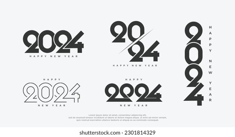 Desain teks Logo Selamat Tahun Baru 2024. Set templat desain nomor 2024. Simbol Natal 2024 Selamat Tahun Baru. Ilustrasi vektor dengan Logo-Label hitam bis tuk buku harian, buku catatan, Kalender.