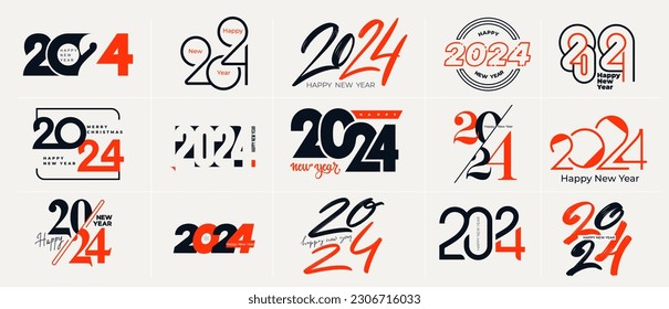 Happy New Year 2024 logos design set. Template with black numbers 2024. New Year holiday trend logos template. Collection of vector illustration 2024 happy new year symbols. Christmas decoration.