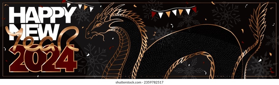 Happy New Year 2024 long banner with dragon, snowflakes, and congratulatory text in gold and black colors. Vector 3D illustration.