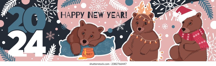 Happy New Year 2024 long horizontal banner with cute bears and winter elements. Vector flat illustration in trendy colors.