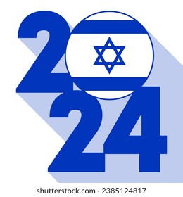 Happy New Year 2024 long shadow banner with Israel flag inside. Vector illustration.