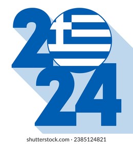 Happy New Year 2024 long shadow banner with Greece flag inside. Vector illustration.