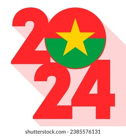 Happy New Year 2024, long shadow banner with Burkina Faso flag inside. Vector illustration.