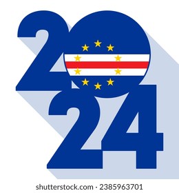 Happy New Year 2024, long shadow banner with Cape Verde flag inside. Vector illustration.