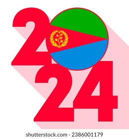 Happy New Year 2024, long shadow banner with Eritrea flag inside. Vector illustration.