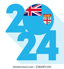 Happy New Year 2024, long shadow banner with Fiji flag inside. Vector illustration.
