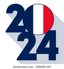 Happy New Year 2024, long shadow banner with France flag inside. Vector illustration.