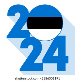 Happy New Year 2024, long shadow banner with Estonia flag inside. Vector illustration.