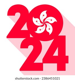 Happy New Year 2024, long shadow banner with Hong Kong flag inside. Vector illustration.