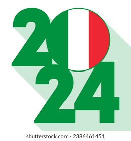 Happy New Year 2024, long shadow banner with Italy flag inside. Vector illustration.