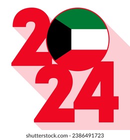 Happy New Year 2024, long shadow banner with Kuwait flag inside. Vector illustration.