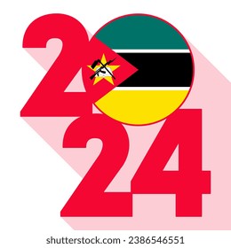 Happy New Year 2024, long shadow banner with Mozambique flag inside. Vector illustration.
