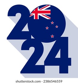 Happy New Year 2024, long shadow banner with New Zealand flag inside. Vector illustration.