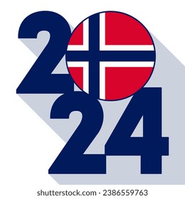 Happy New Year 2024, long shadow banner with Norway flag inside. Vector illustration.