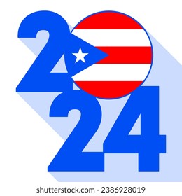 Happy New Year 2024, long shadow banner with Puerto Rico flag inside. Vector illustration.