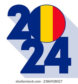 Happy New Year 2024, long shadow banner with Romania flag inside. Vector illustration.