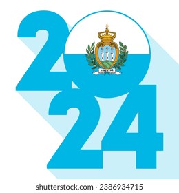 Happy New Year 2024, long shadow banner with San Marino flag inside. Vector illustration.