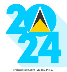 Happy New Year 2024, long shadow banner with Saint Lucia flag inside. Vector illustration.